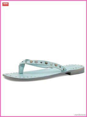 Leather Studded Flip Flops with Block Heel - Women's Sandals